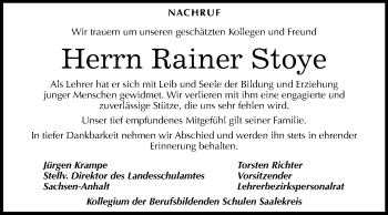 Traueranzeige von Rainer Stoye von Mitteldeutsche Zeitung Merseburg/Querfurt