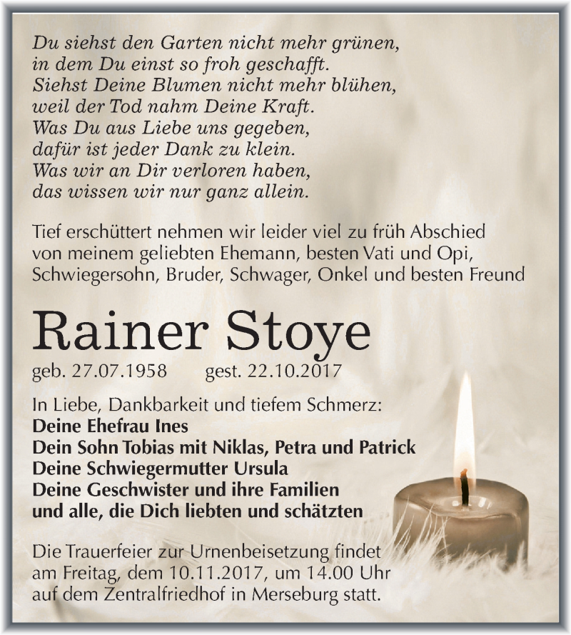  Traueranzeige für Rainer Stoye vom 04.11.2017 aus Mitteldeutsche Zeitung Merseburg/Querfurt