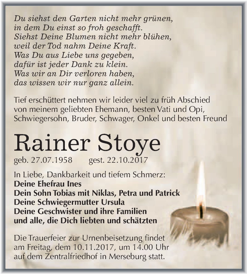  Traueranzeige für Rainer Stoye vom 04.11.2017 aus WVG - Wochenspiegel Merseburg