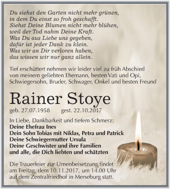 Traueranzeige von Rainer Stoye von Mitteldeutsche Zeitung Merseburg/Querfurt