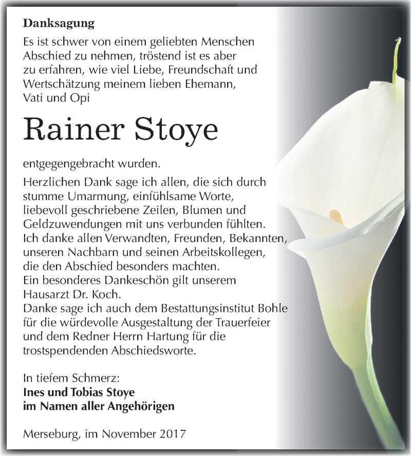  Traueranzeige für Rainer Stoye vom 22.11.2017 aus Mitteldeutsche Zeitung Merseburg/Querfurt