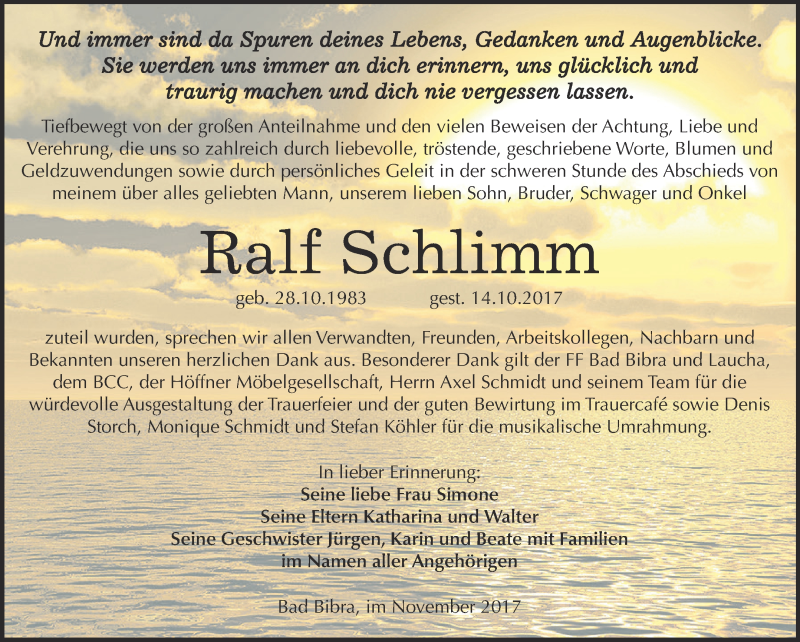  Traueranzeige für Ralf Schlimm vom 08.11.2017 aus WVG - Wochenspiegel NMB / WSF / ZTZ