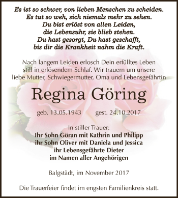 Traueranzeige von Regina Göring von WVG - Wochenspiegel NMB / WSF / ZTZ