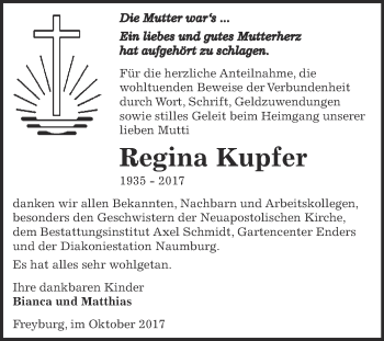 Traueranzeige von Regina Kupfer von WVG - Wochenspiegel NMB / WSF / ZTZ