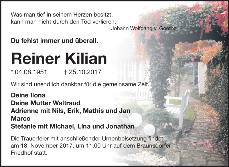  Traueranzeige für Reiner Kilian vom 04.11.2017 aus Mitteldeutsche Zeitung