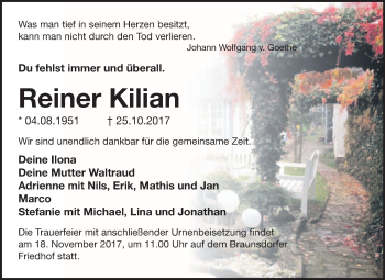 Traueranzeige von Reiner Kilian von WVG - Wochenspiegel Wittenberg