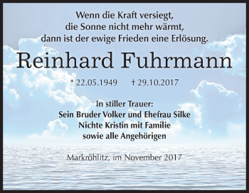 Traueranzeige von Reinhard Fuhrmann von Mitteldeutsche Zeitung Weißenfels