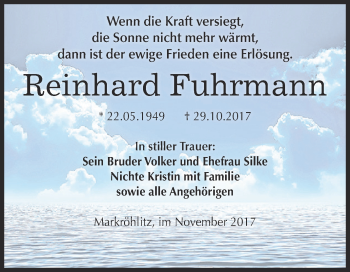 Traueranzeige von Reinhard Fuhrmann von WVG - Wochenspiegel NMB / WSF / ZTZ