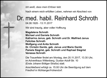 Traueranzeige von Reinhard Schroth von WVG - Wochenspiegel Wittenberg