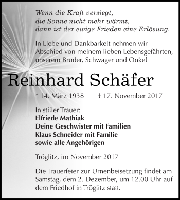 Traueranzeige von Reinhard Schäfer von Super Sonntag Zeitz