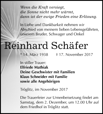 Traueranzeige von Reinhard Schäfer von Mitteldeutsche Zeitung