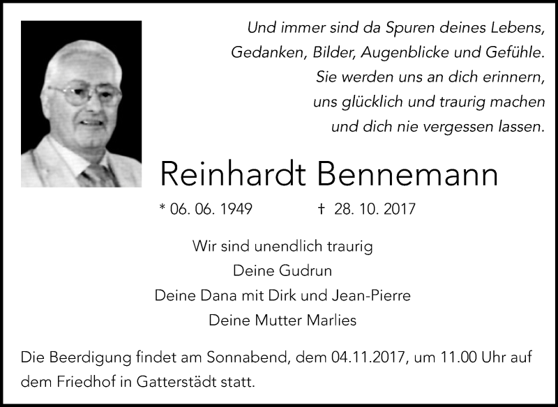  Traueranzeige für Reinhardt Bennemann vom 02.11.2017 aus Mitteldeutsche Zeitung Merseburg/Querfurt