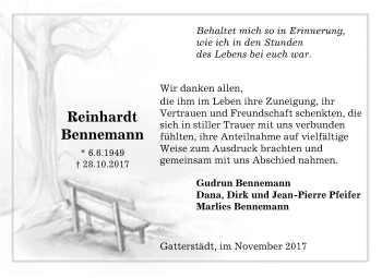 Traueranzeige von Reinhardt Bennemann von Mitteldeutsche Zeitung Merseburg/Querfurt