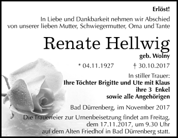 Traueranzeige von Renate Hellwig von Mitteldeutsche Zeitung Merseburg/Querfurt