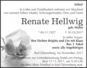 Traueranzeige von Renate Hellwig von Super Sonntag Merseburg