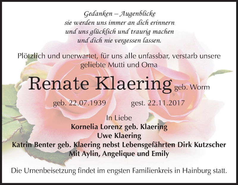  Traueranzeige für Jutta Renate Klaering vom 29.11.2017 aus Mitteldeutsche Zeitung Zeitz