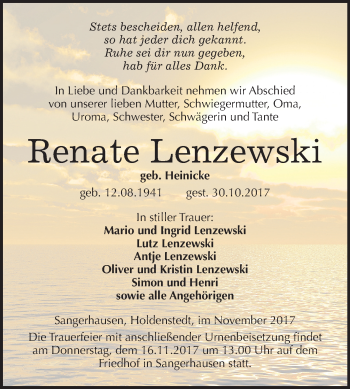 Traueranzeige von Renate Lenzewski von Mitteldeutsche Zeitung