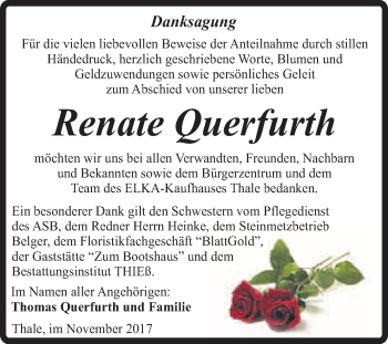 Traueranzeige von Renate Querfurth von Super Sonntag Quedlinburg