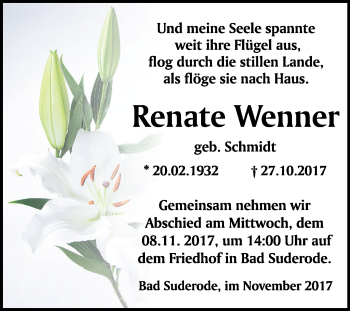 Traueranzeige von Renate Wenner von Mitteldeutsche Zeitung Quedlinburg