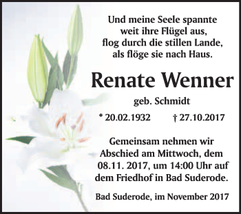 Traueranzeige von Renate Wenner von WVG - Wochenspiegel Quedlinburg