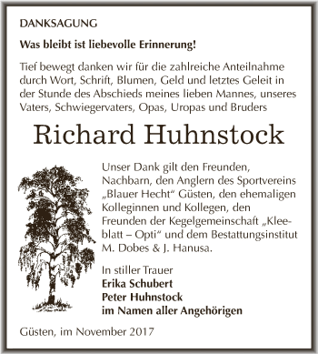 Traueranzeige von Richard Huhnstock von Super Sonntag Bernburg