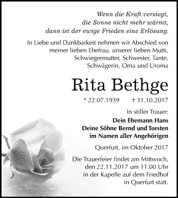 Traueranzeige von Rita Bethge von Mitteldeutsche Zeitung Merseburg/Querfurt