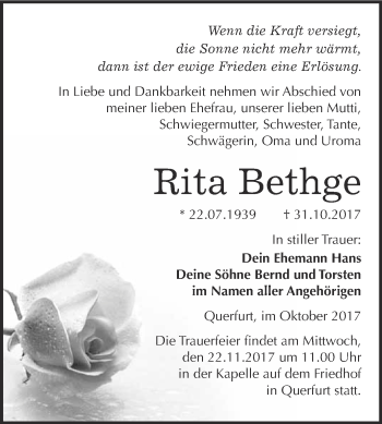 Traueranzeige von Rita Bethge von WVG - Wochenspiegel Merseburg