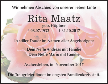 Traueranzeige von Rita Maatz von Mitteldeutsche Zeitung Aschersleben
