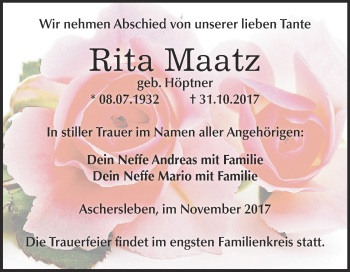 Traueranzeige von Rita Maatz von Super Sonntag Aschersleben