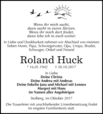Traueranzeige von Roland Huck von Mitteldeutsche Zeitung Sangerhausen
