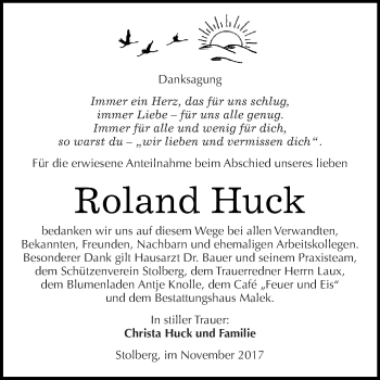 Traueranzeige von Roland Huck von Super Sonntag SGH Mansf. Land