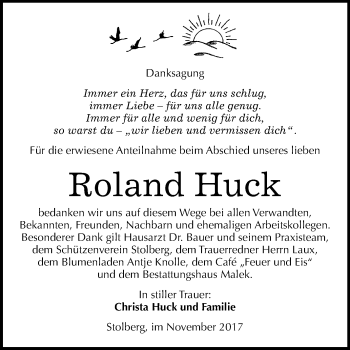 Traueranzeige von Roland Huck von Mitteldeutsche Zeitung