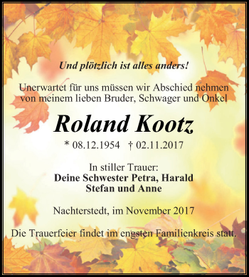 Traueranzeige von Roland Kootz von Super Sonntag Aschersleben