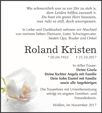 Traueranzeige von Roland Kristen von WVG - Wochenspiegel Bitterfeld