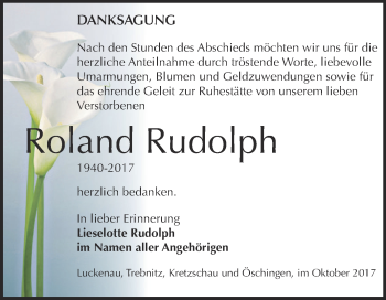Traueranzeige von Roland Rudolph von Super Sonntag Zeitz