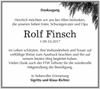 Traueranzeige von Rolf Finsch von WVG - Wochenspiegel Merseburg
