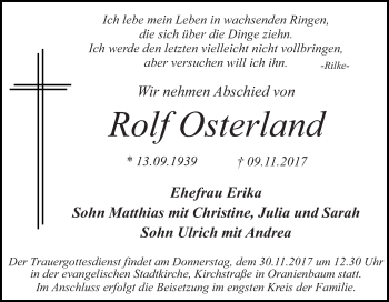 Traueranzeige von Rolf Osterland von WVG - Wochenspiegel Dessau / Köthen