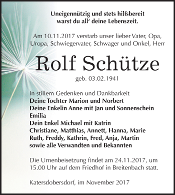 Traueranzeige von Rolf Schütze von Mitteldeutsche Zeitung Zeitz