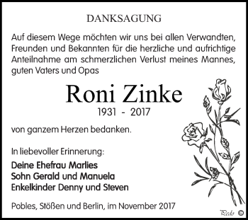 Traueranzeige von Roni Zinke von WVG - Wochenspiegel NMB / WSF / ZTZ