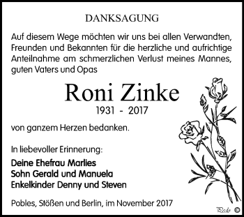 Traueranzeige von Roni Zinke von Mitteldeutsche Zeitung Weißenfels