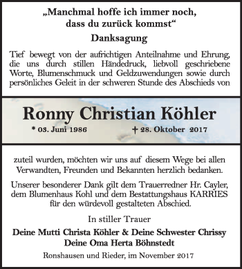 Traueranzeige von Ronny Christian Köhler von WVG - Wochenspiegel Quedlinburg