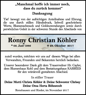 Traueranzeige von Ronny Christian Köhler von Mitteldeutsche Zeitung Quedlinburg