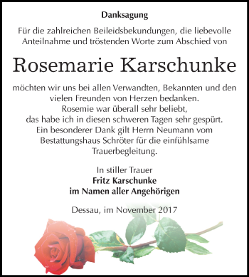 Traueranzeige von Rosemarie Karschunke von Mitteldeutsche Zeitung Dessau-Roßlau