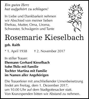 Traueranzeige von Rosemarie Kieselbach von Mitteldeutsche Zeitung Halle/Saalkreis