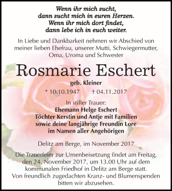 Traueranzeige von Rosmarie Eschert von WVG - Wochenspiegel Merseburg