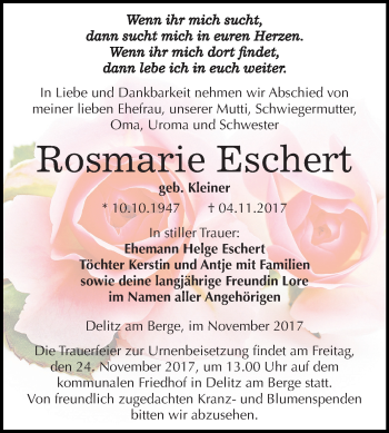 Traueranzeige von Rosmarie Eschert von Mitteldeutsche Zeitung