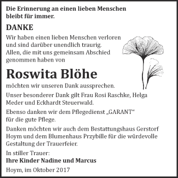 Traueranzeige von Roswita Blöhe von Super Sonntag Aschersleben