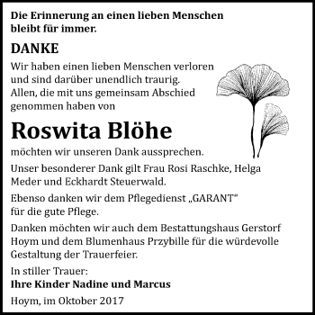 Traueranzeige von Roswita Blöhe von Mitteldeutsche Zeitung Aschersleben