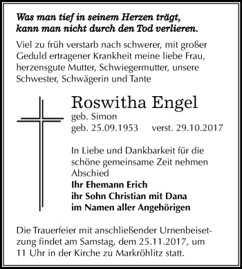 Traueranzeige von Roswitha Engel von Mitteldeutsche Zeitung Weißenfels