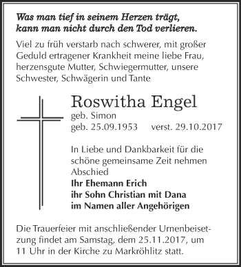 Traueranzeige von Roswitha Engel von WVG - Wochenspiegel NMB / WSF / ZTZ